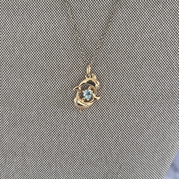 RARE Swarovski AQUAMARINE Gem stone Double DOLPHIN NECKLACE SIGNED - Picture 2 of 7